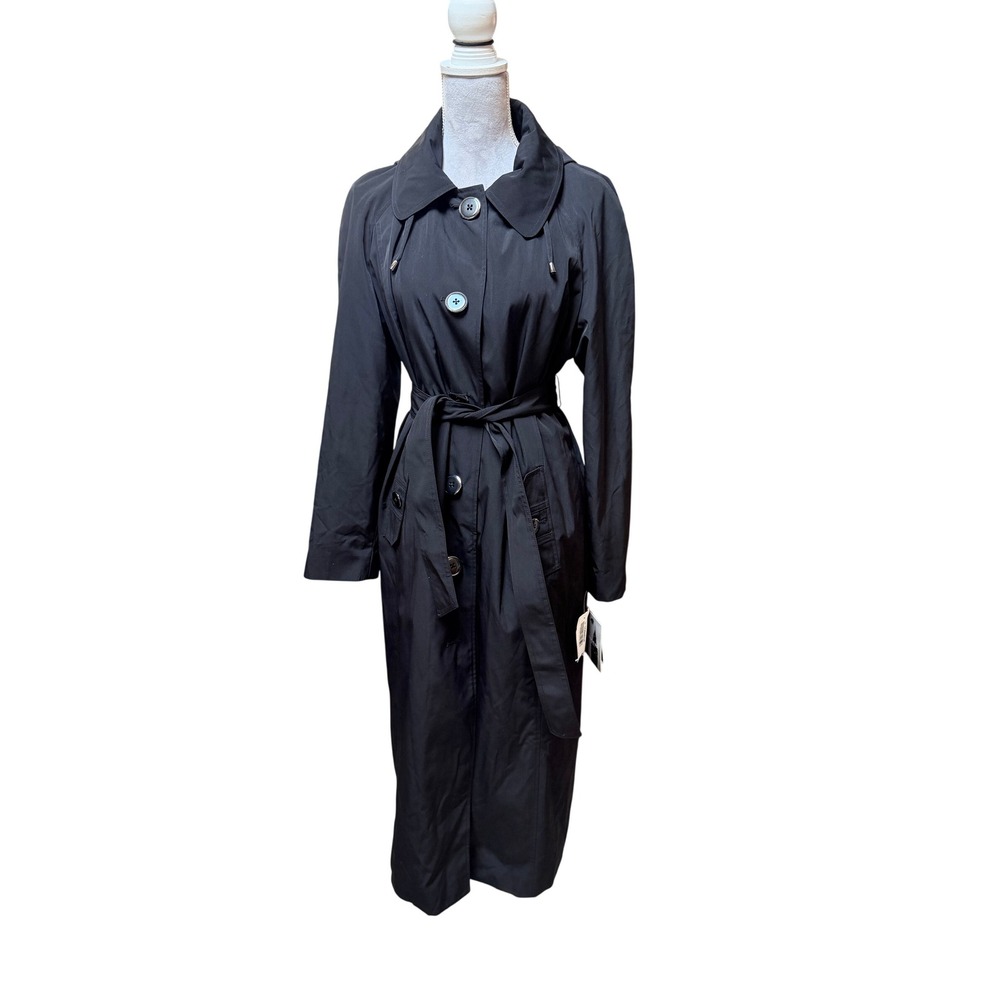 London Fog Trench Coat Black 12 Hooded Belted Long Rain Jacket Minimalist New